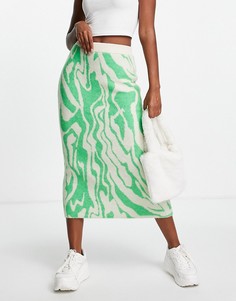 Зеленая трикотажная юбка миди из переработанного полиэстера с узором в иде завитков Monki-Зеленый цвет