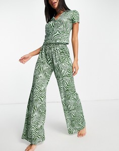 Зеленая пижама из рубашки и брюк с мраморным принтом ASOS DESIGN-Зеленый цвет