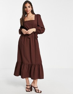 Поплиновое платье миди шоколадного цвета с поясом и квадратным вырезом Miss Selfridge-Коричневый цвет