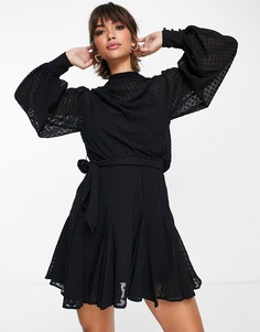 Платье мини со складками, высоким воротником и юбкой годе ASOS DESIGN-Черный цвет