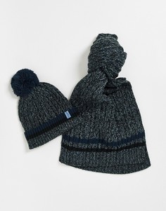 Подарочный комплект из шапки-бини с помпоном и вязаного шарфа темно-синего и серого цветов Jack & Jones-Темно-синий