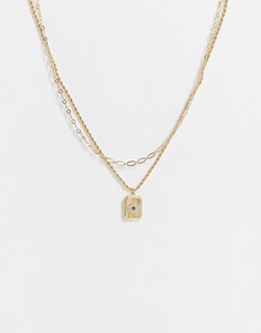 Золотистое ожерелье в несколько рядов с подвеской в виде прямоугольной монетки с изображением украшенного кристаллом глаза Liars & Lovers-Золотистый