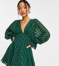 Платье мини темно-зеленого цвета с пышными рукавами с эластичными манжетами и бархатистым флоковым принтом в горошек ASOS DESIGN Petite-Зеленый цвет