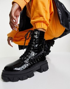 Черные ботинки под кожу крокодила на толстой подошве и со шнуровкой Topshop Kick-Черный цвет