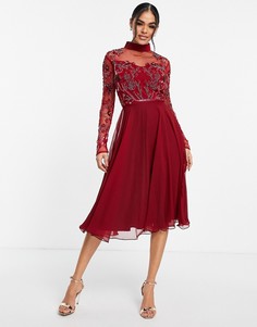 Платье миди с короткой расклешенной юбкой и декорированным топом винного цвета Virgos Lounge-Красный