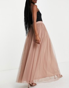Серо-бежевая эксклюзивная юбка макси из тюля Lace & Beads-Розовый цвет