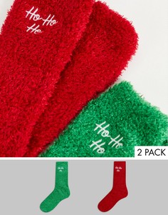 Набор из 2 пар пушистых новогодних носков красного и зеленого цветов с надписью "Ho Ho Ho" Brave Soul-Красный