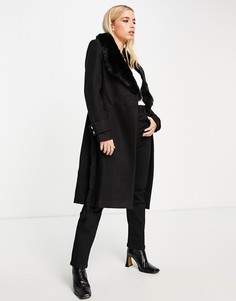 Черное пальто с воротником из искусственного меха и запахом и поясом Forever New-Черный цвет