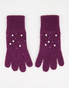 Вязаные перчатки ягодного цвета с отделкой стразами и искусственным жемчугом Boardmans-Красный