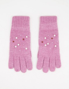 Вязаные перчатки сиреневого цвета с отделкой стразами и искусственным жемчугом Boardmans-Фиолетовый цвет