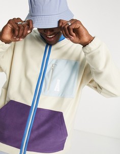 Флисовая oversized-олимпийка цвета экрю на молнии с карманами и воротником в стиле колор блок ASOS Actual-Белый