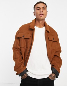 Коричневая oversized-куртка Харрингтон из материала с добавлением шерсти ASOS DESIGN-Коричневый цвет
