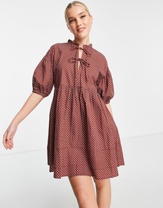 Коричневое платье мини из хлопкового поплина в горошек Influence-Коричневый цвет