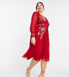 Чайное платье миди красного цвета с длинными рукавами и вышивкой Hope & Ivy Plus-Красный