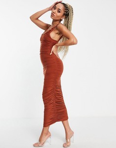 Присборенное платье макси кирпичного цвета с овальным вырезом Femme Luxe-Медный