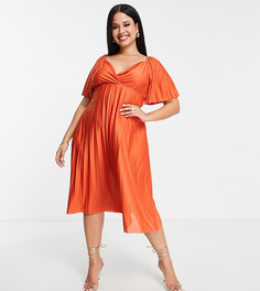 Плиссированное платье миди рыжего цвета с короткими рукавами и перекрученной деталью на спине ASOS DESIGN Curve-Оранжевый цвет