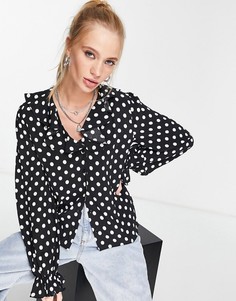 Черно-белая рубашка в горошек с оборками Topshop-Черный цвет