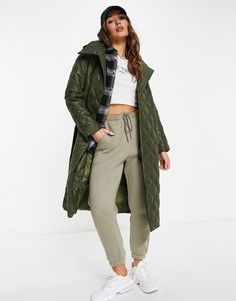 Удлиненное стеганое пальто с высоким воротом и капюшоном Fashion Union-Зеленый цвет