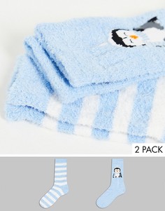 Набор из 2 пар теплых носков с принтом пингвина голубого цвета Threadbare-Голубой