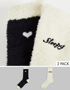 Набор из 2 пар пушистых носков черного и кремового цветов с принтом "Sleepy" Threadbare-Белый