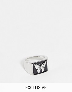 Серебристое массивное кольцо-печатка с эмалью и узором в виде бабочки Reclaimed Vintage Inspired-Серебряный