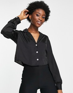 Черная атласная рубашка на пуговицах со стразами Pimkie-Черный цвет