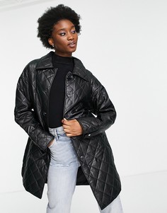 Черное стеганое пальто из искусственной кожи с поясом Urban Revivo-Черный цвет
