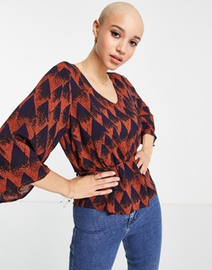 Темно-синяя блузка с принтом, V-образным вырезом и поясом JDY Millian-Темно-синий