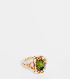 Золотистое кольцо с зеленым камнем и отделкой под антиквариат Reclaimed Vintage Inspired-Золотистый