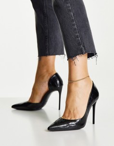 Черные остроносые туфли на каблуке-шпильке с отделкой под крокодиловую кожу Truffle Collection-Черный цвет