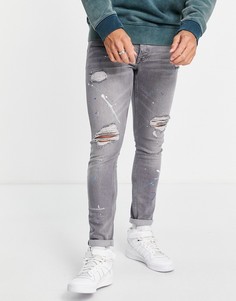 Серые эластичные джинсы зауженного кроя со рваной отделкой, заплатками и дизайном в виде брызг краски Topman-Серый