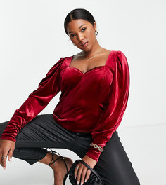 Велюровый лонгслив винного цвета с корсетом ASOS DESIGN Curve-Красный