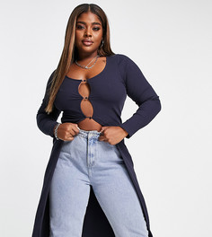 Темно-синий кардиган макси в рубчик с застежкой-каплей на пуговице ASOS DESIGN Curve-Голубой