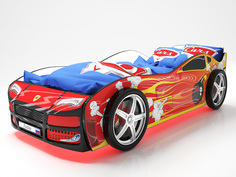 Кровать-машина карлсон турбо (с объемными колесами, с подсветкой дна и фар) (magic cars) красный 85x48x178 см.