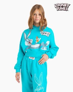 Голубое укороченное худи с принтом Looney Tunes для девочки Gloria Jeans