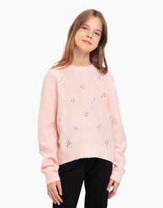 Розовый джемпер с цветочной вышивкой для девочки Gloria Jeans