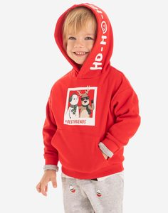 Красное худи oversize с новогодним принтом для мальчика Gloria Jeans