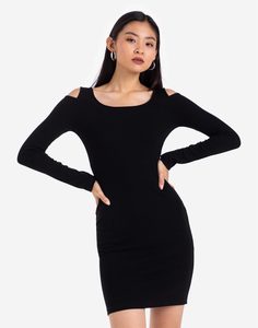 Чёрное облегающее платье с вырезами на плечах Gloria Jeans