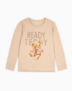 Бежевый лонгслив с мишкой и блестящей надписью Ready Teddy для девочки Gloria Jeans