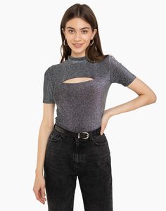 Серебристая укороченная футболка с вырезом Gloria Jeans