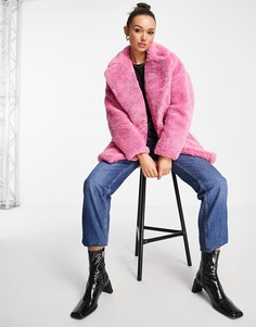 Розовое пальто миди из искусственного меха с накладными карманами Topshop-Розовый цвет
