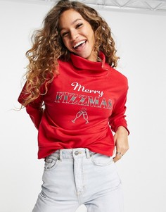 Новогодний красный свитшот с отворачивающимся воротником и принтом "Merry Fizzmas" Only
