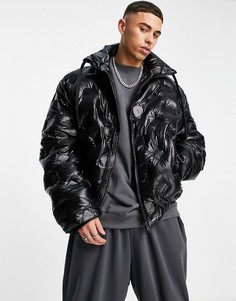 Черная дутая куртка в стиле oversized с монограммой River Island-Черный цвет