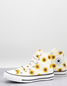 Белые кроссовки высокие кеды с принтом подсолнухов Converse Chuck 70-Желтый