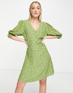 Зеленое чайное платье мини с V-образным вырезом, расклешенной юбкой и цветочным принтом Nobodys Child-Зеленый