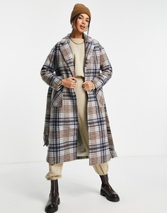 Удлиненное клетчатое пальто с поясом с кисточками из материала с добавлением шерсти Fashion Union-Голубой