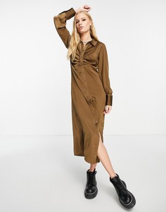 Атласное присборенное платье миди шоколадно-коричневого цвета с длинными рукавами Object-Коричневый цвет
