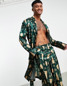 Атласный халат с принтом новогодних елок от комплекта ASOS DESIGN-Зеленый цвет