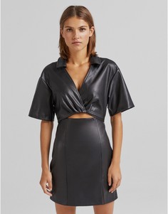Черное платье-рубашка мини из из искусственной кожи с завязками Bershka-Черный цвет