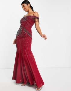Платье макси винного цвета с вышивкой и открытыми плечами Goddiva-Красный